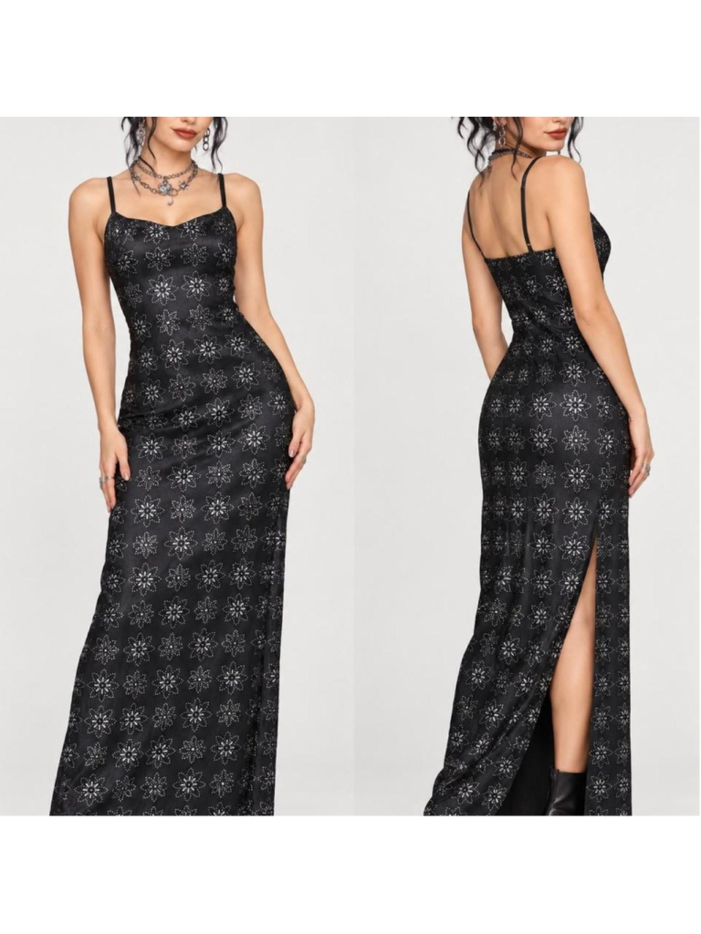 Vintage Black Sparkle Floral Maxi Slip Dress Spaghetti Strap Evening Y2K
Descri